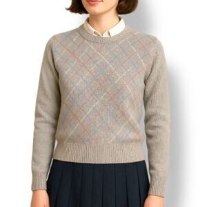 Vintage 80s Bill Blass Gray Beige Wool Argyle Sweater Preppy Academia Collegiate